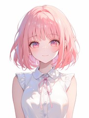 A young girl with pink hair and eyes smiles warmly at the viewer, her gaze engaging, against a plain white background.