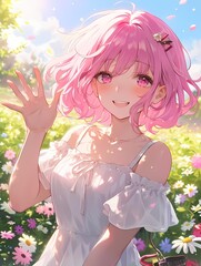 Young anime girl illustration, pink hair, bright smile, waving in field of flowers, white dress, hair ornament, cheerful scene