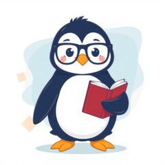 Obraz premium Flat illustration, smart penguin with glasses holding open book, abstract background