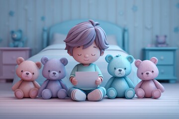 Child with light purple hair sits on floor reading a letter surrounded by colorful plush teddy bears in a cozy bedroom setting with soft pastel colors