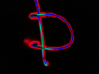 Glowing English letter D. On a black background with colored neon lines, a letter of the English alphabet is written by hand. The letter glows pink-red, creating a green-blue halo around it.