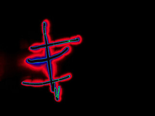 Glowing English letter E. On a black background with colored neon lines, a letter of the English alphabet is written by hand. The letter glows pink-red, creating a green-blue halo around it.