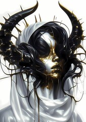 A woman with a white robe, black hair, and melting black horns, her yellow eyes glowing with a golden light, stands in a stark white background, exuding a dreamlike aura.