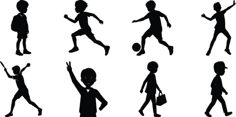Happy children vector silhouette set, kids vector silhouette bundle isolated on transparent background
