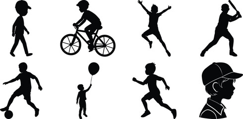 Happy children vector silhouette set, kids vector silhouette bundle isolated on transparent background