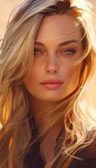 Anime illustration, serene woman portrait, green eyes, soft warm lighting, looking at viewer.