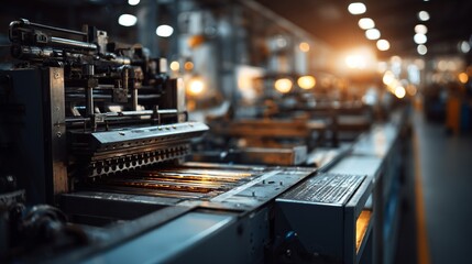 Industrial printing press in full operation, showcasing intricate machinery details. Precision and efficiency in modern manufacturing.
