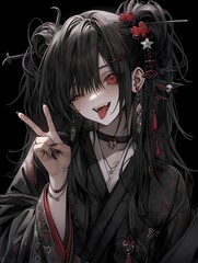 Young woman in Japanese kimono, playful pose, peace sign gesture