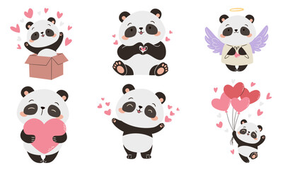 A set of flat vector illustrations in a simple children's style. Cute illustrations for valentine's day. Cute pandas with hearts, flying on balloons and jumping out of a box. Vector illustration