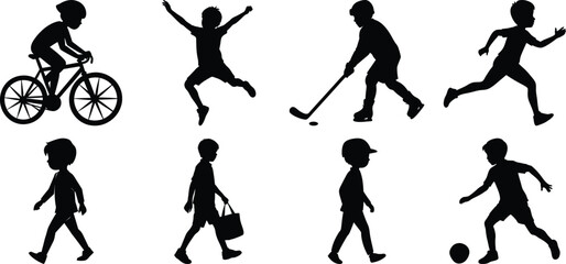 Happy children vector silhouette set, kids vector silhouette bundle isolated on transparent background