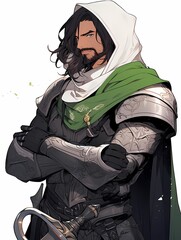 Bearded warrior with crossed arms, sword, green armor and cape, green eyes.
