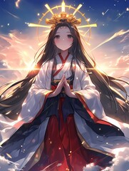 Serene ethereal figure in traditional Japanese clothing with halo praying