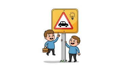 Obraz premium Two cartoon boys looking at a yellow road sign with a car and lightbulb on it cartoon