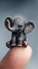 Tiny elephant sits on top of a finger, its trunk playfully curled upwards