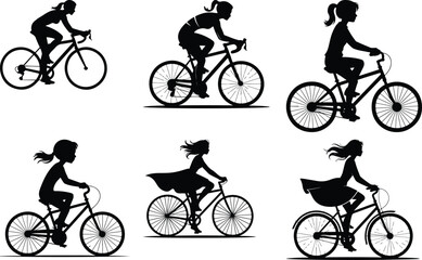 Fototapeta premium Girl Riding Bicycle Silhouette Set – Sporty & Active Vector Pack Cycling Girl Silhouette Collection – Bike Ride Graphic Set