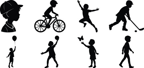 Happy children vector silhouette set, kids vector silhouette bundle isolated on transparent background