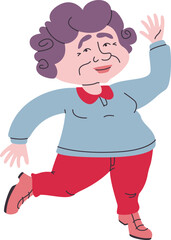 Dancing elderly lady. Female character in linear flat style.