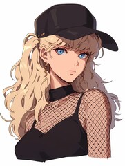 Woman with blonde hair, blue eyes, baseball cap, stylized anime illustration