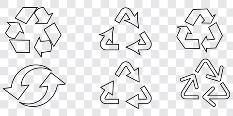 Recycle vector icon set. Arrows, heart and leaf recycling eco green symbol. Rounded angles. Recycled signs illustration isolated on white background.