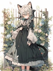 Woman with silver hair, cat ears, and black dress, standing in blooming garden, looking at viewer with blush.