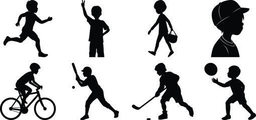 Happy children vector silhouette set, kids vector silhouette bundle isolated on transparent background