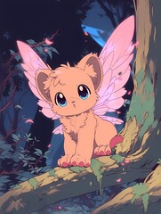 Lion cub fairy on branch, fantasy anime illustration