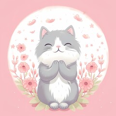 Gray white cat pink floral background anime illustration