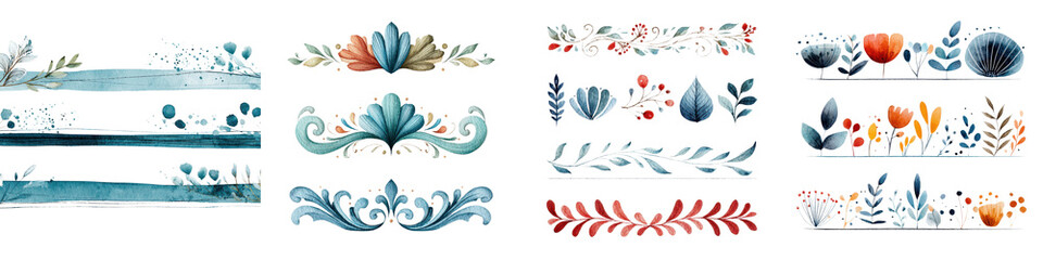 Fototapeta premium Vibrant floral borders with intricate designs in teal, coral, and navy tones, showcasing floral and foliage elements suitable for personal and commercial decorative use