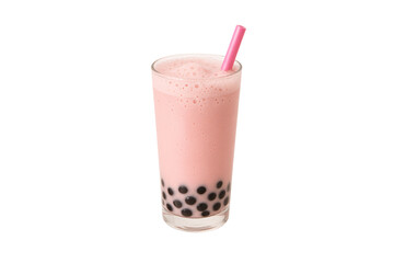 Pink bubble tea with tapioca pearls and pink straw in tall glass, isolated on a transparent background