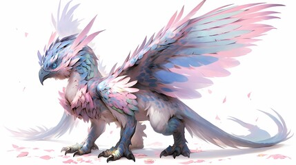 Anime illustration of a majestic, mythical dragon with blue and pink feathers standing on all fours against a white background, in a serene and peaceful environment