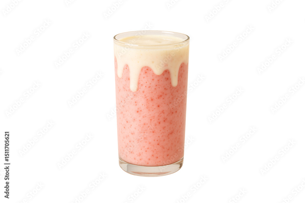 Poster pink strawberry smoothie with white cream layer creating dripping effect in clear glass, isolated on