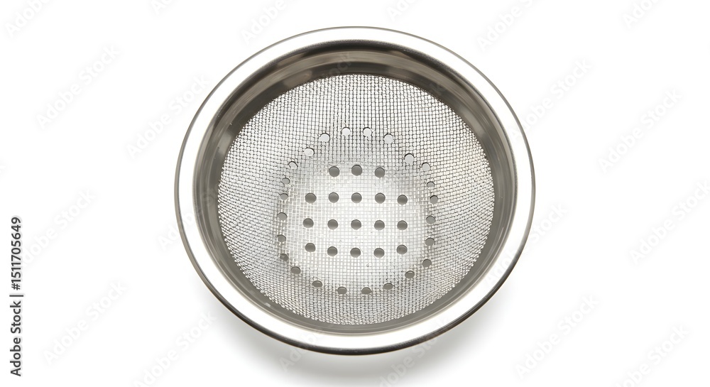 Poster a top view of a round metal strainer with a mesh screen and circular holes inside it