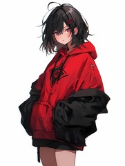 A young female character with black hair and red eyes stands against a white background, looking directly at the viewer with a neutral expression.