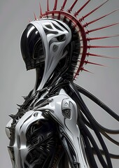 Humanoid robot, red halo, spikes, grey background