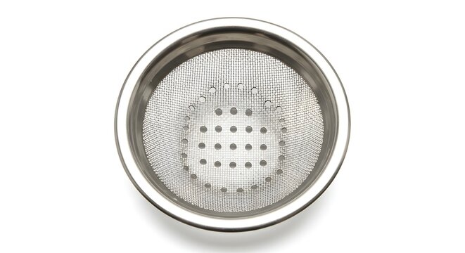A top view of a round metal strainer with a mesh screen and circular holes inside it