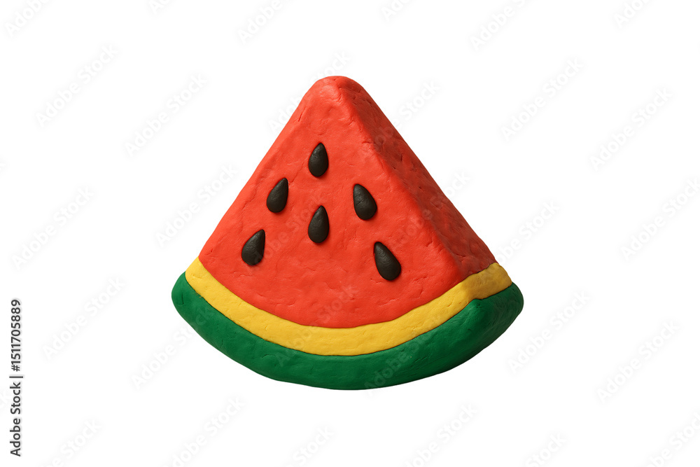 Poster red watermelon slice with black seeds and green rind made of clay or modeling material, isolated on 