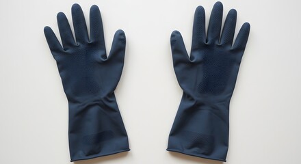 Obraz premium Two dark blue rubber gloves laid flat on a white surface, palms facing upwards wide apart