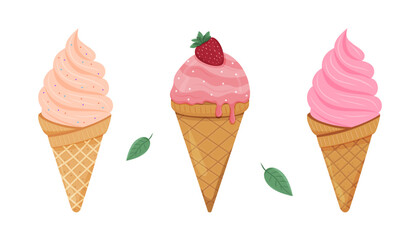 Delicious ice cream cones with strawberry topping and vibrant pink flavors