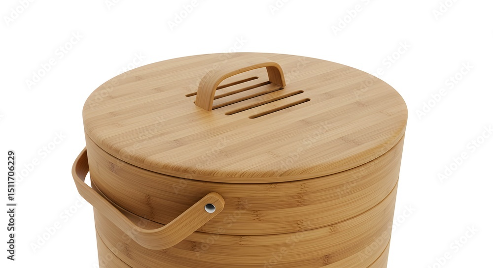 Poster close up of a round bamboo container with a lid and handle on a white background