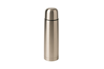 Sleek stainless steel insulated bottle with screw-on cap, tall cylindrical shape and metallic finish, isolated on a transparent background