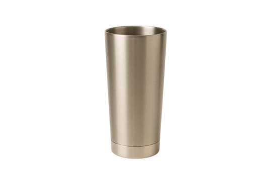 Stainless steel cocktail shaker or tumbler, tall cylindrical shape with smooth brushed metal surface, isolated on a transparent background