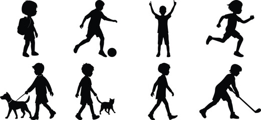 Children playing running silhouette set. Children activity vector isolated on white transparent background
