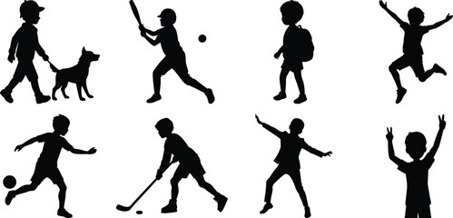 Children playing running silhouette set. Children activity vector isolated on white transparent background
