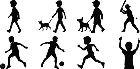 Children playing running silhouette set. Children activity vector isolated on white transparent background
