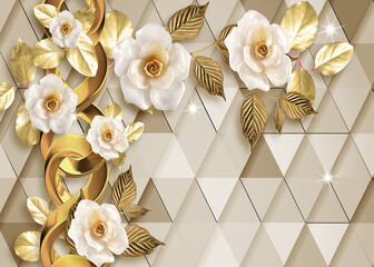 3d wallpaper white and golden jewelry flowers with golden branches on triangles background