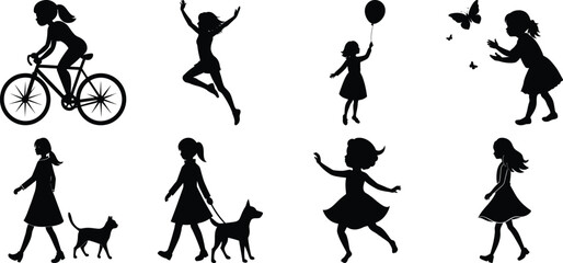 Children playing running silhouette set. Children activity vector isolated on white transparent background
