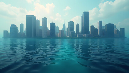 Fototapeta premium City Skyline Reflecting in Water on a Cloudy Day