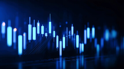 Visual representation of stock market trends using candlestick graphs in an abstract blue background