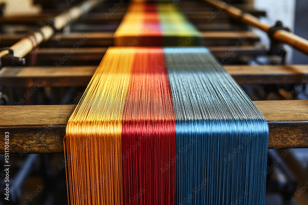 Poster colorful threads stretched on a loom in a textile factory creating vibrant patterns