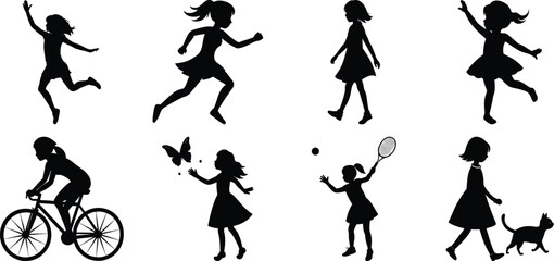 Children playing running silhouette set. Children activity vector isolated on white transparent background
